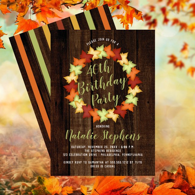 Convites Fall Maple Deixa A Foca Festa de aniversário De Ma (Fall Maple Leaves Wreath Faux Wood 40th Birthday Party Invitation)