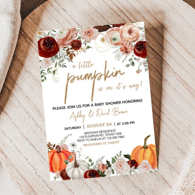 Convites Fall Marsala Burgundy Chá de fraldas Floral Pumpki (Fall Floral Pumpkin Baby Shower Invitation)
