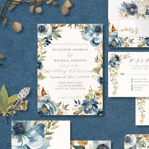 Convites Fall Modern Floral Watercolor Azul Casamento de Ma
