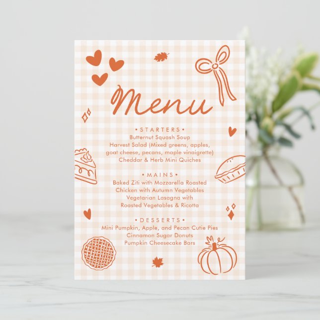 Convites Fall Orange Hand Drawn A Little Cutie Pie Menu (Em pé/Frente)