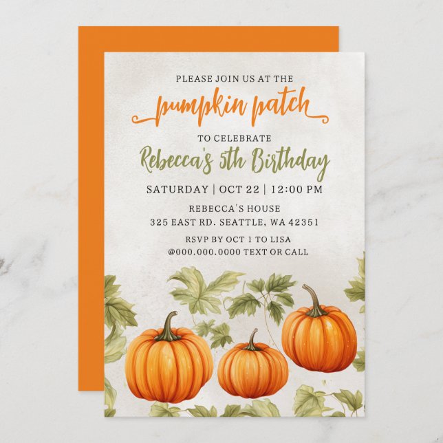 Convites Fall Orange Pumpkin Patch Birthday (Frente/Verso)