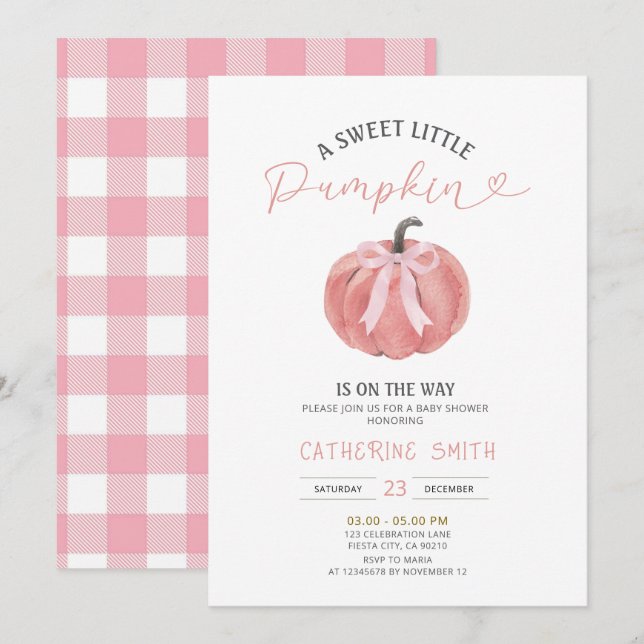 Convites Fall Pink Bow Pumpkin Baby Shower  (Frente/Verso)