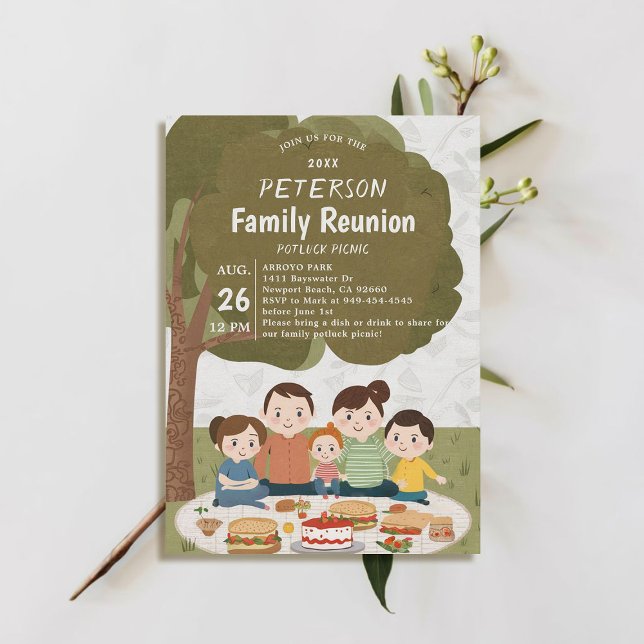 Convites Fall Potluck Picnic de Primavera de Reunião da Fam (family reunion invitation potluck picnic cute illustration watercolor modern simple fun)
