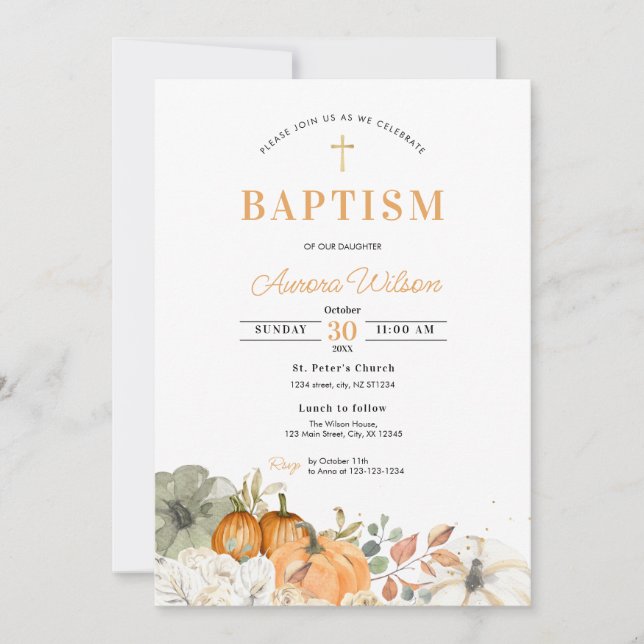 Convites Fall Pumpkin Floral Baptism Invitation (Frente)