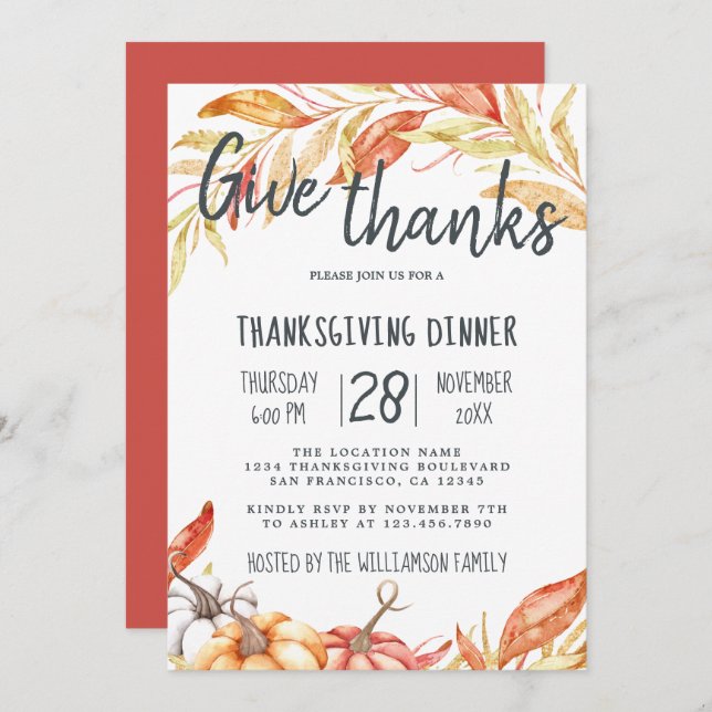 Convites Fall Pumpkin Ouro Foliage Janto de Ação de Graças (Frente/Verso)