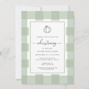 Convites Fall Pumpkin Sage Green Gingham Christening