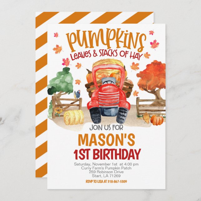Convites Fall Pumpkin Trator Birthday (Frente/Verso)