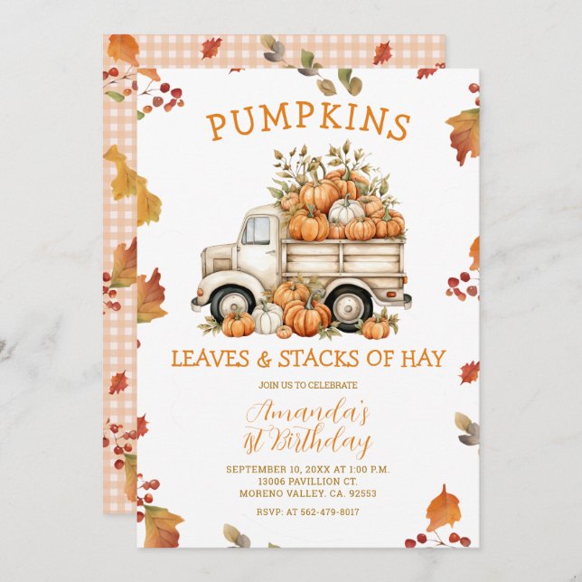 Convites Fall Pumpkin Truck Girl Birday Autumn Flora (Frente/Verso)