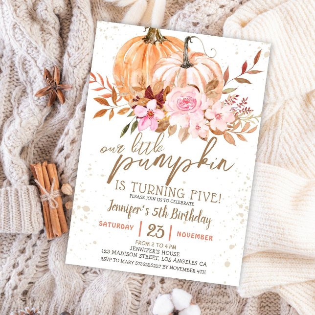 Convites Fall Pumpkins Watercolor Boho Girl 5 Aniversário (Criador carregado)