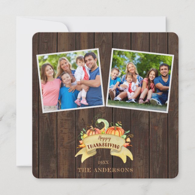 Convites Fall Pumpkins Wooden Foto Feliz Ação de Graças (Frente)