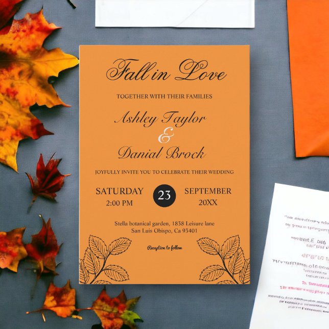 Convites Fall Rustic Deixa Laranja Queimada Casamento de Ou (Criador carregado)