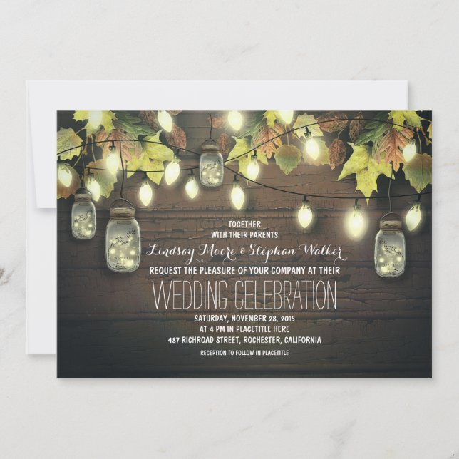 Convites Fall String Lights e Mason Jars Rustic Weding (Frente)