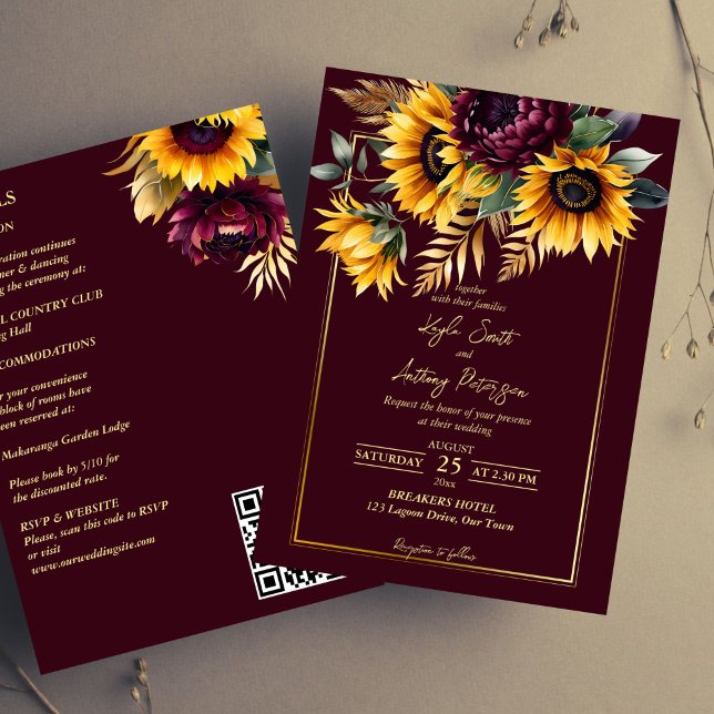 Convites Fall Summer Casamentos Burgundy, girassóis, todos  (Fall summer wedding burgundy yellow sunflowers all in template invitation digital download QR RSVP)