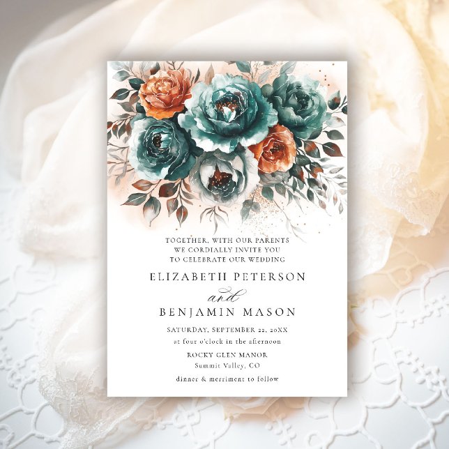 Convites Fall Teal Burnt Orange Floral Buquê Casamento (fall wedding invitation teal burnt orange terracotta watercolor whimsical floral elegant rustic chic)