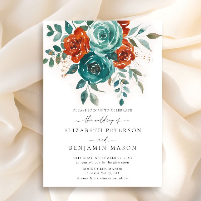 Convites Fall Teal Burnt Orange Floral Elegante (fall wedding invitation teal burnt orange terracotta watercolor floral botanical earthy garden chic)