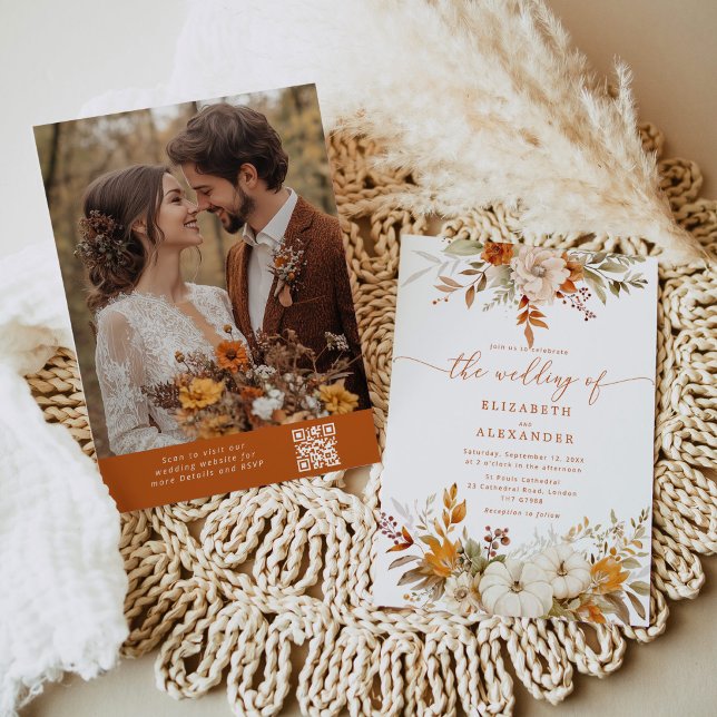 Convites Fall terracotta Foto elegante Código QR casamento (Criador carregado)