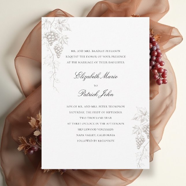 Convites Fall Vineyard Winery Moderno Clássico Pérola Casam (fall vineyard wedding invitation winery grapevine formal modern classic black tie pearl white)