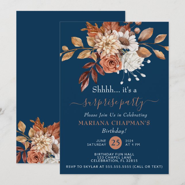 Convites Fall Watercolor Floral Marinho Blue Surprise Party (Frente/Verso)