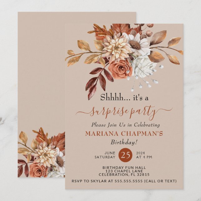 Convites Fall Watercolor Floral Taupe Surprise Party (Frente/Verso)