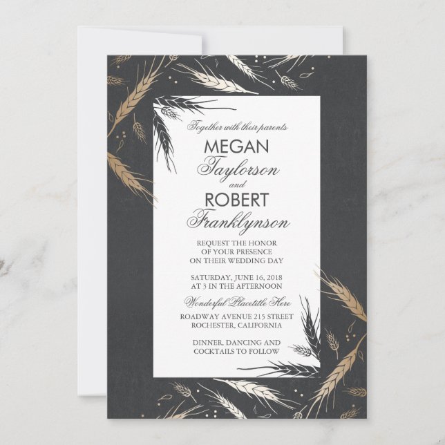 Convites Fall Wheat Gold Foil Efeito Chalkboard Casamento (Frente)