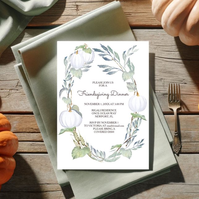 Convites Fall WHITE PUMPKIN Greenery Amigos dando (Friendsgiving invitations fall white pumpkin )