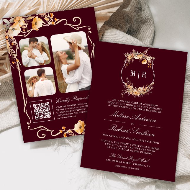 Convites Fall Wildflower Crest Código QR Casamento de Borgo (Criador carregado)