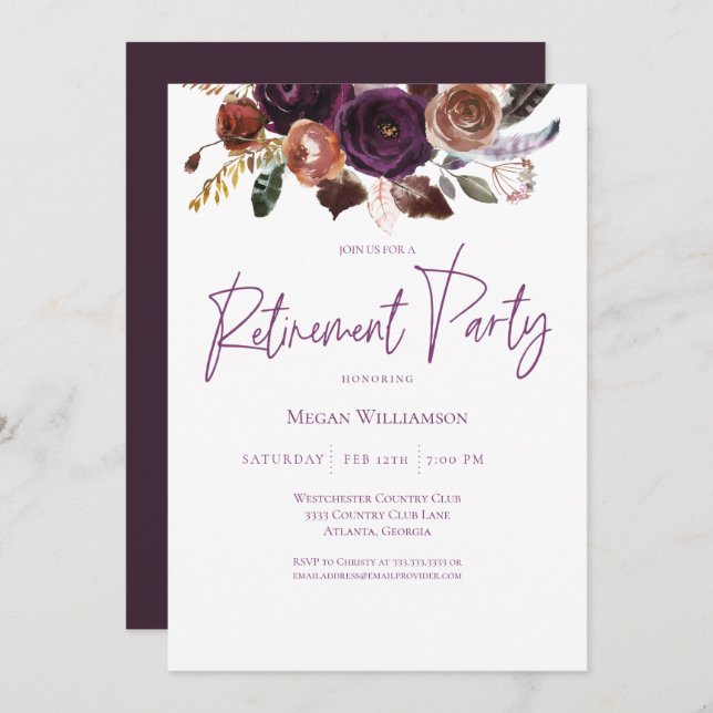 Convites Fall Winter Purple, Pink e Dourada Retirement Part (Frente/Verso)