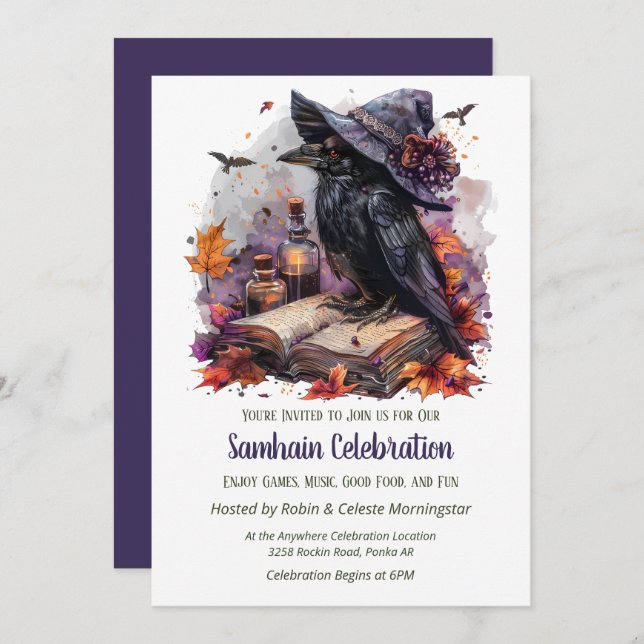 Convites Fall Witch Raven Samhain Spooky Halloween Party (Frente/Verso)