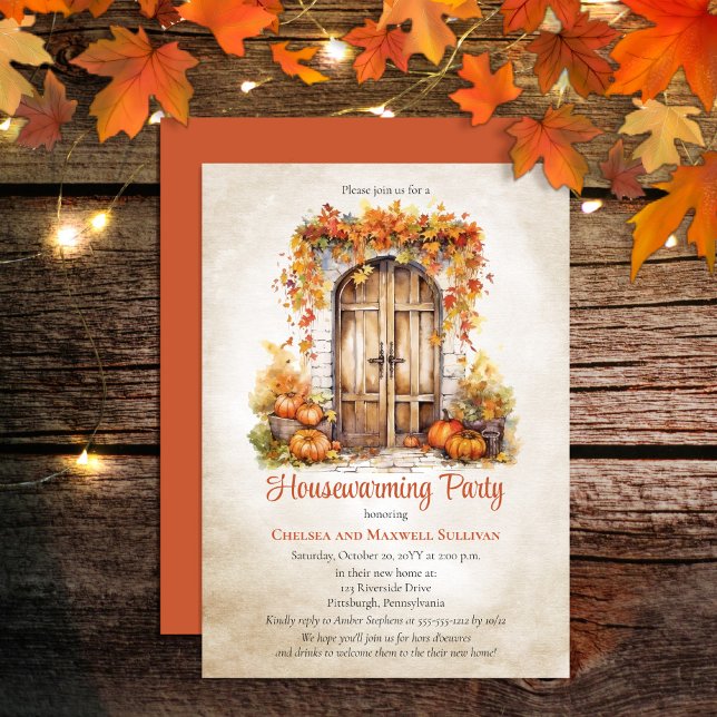 Convites Fall Wood Door Deixa Pumpkins Festa de Aquecimento (Warm, cozy vibes is what this design is all about -- create the perfect Housewarming for Fall!)