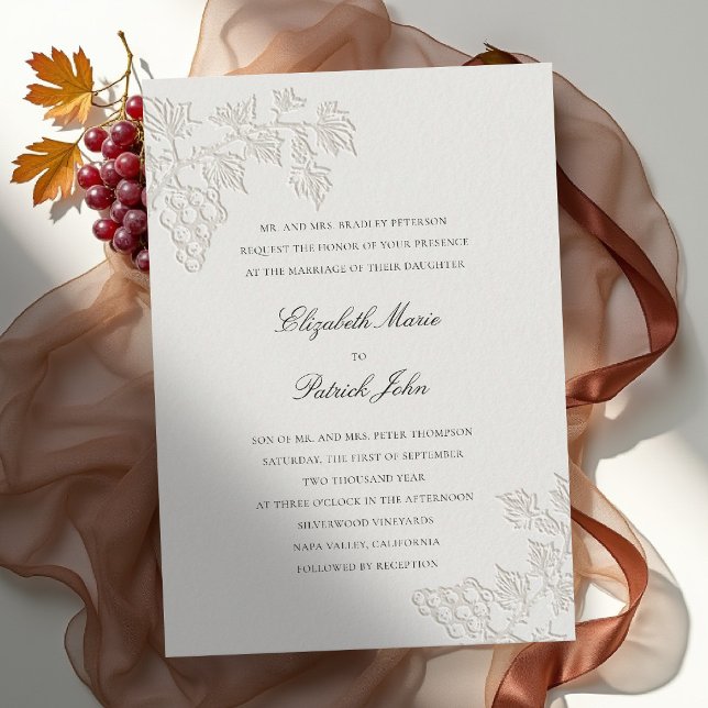 Convites Falla Vinícola Clássico Moderno Vinícola Bege Casa (fall vineyard wedding invitation grapevine winery formal modern classic black tie ecru faux embossed)