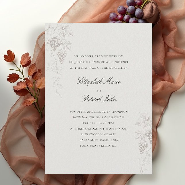 Convites Falla Vinícola Fall Vineyard Winery Clássico Moder (fall vineyard wedding invitation winery grapevine formal modern classic black tie ecru faux embossed)