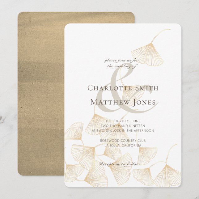 Convites Falling Dourado Ginkgo Deixa Casamento Elegante (Frente/Verso)