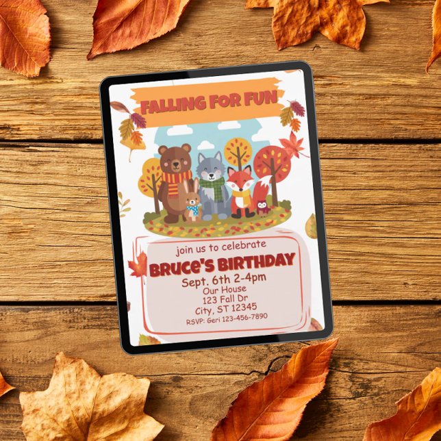 Convites Falling for Fun, Woodland Animal Birthday  (Criador carregado)