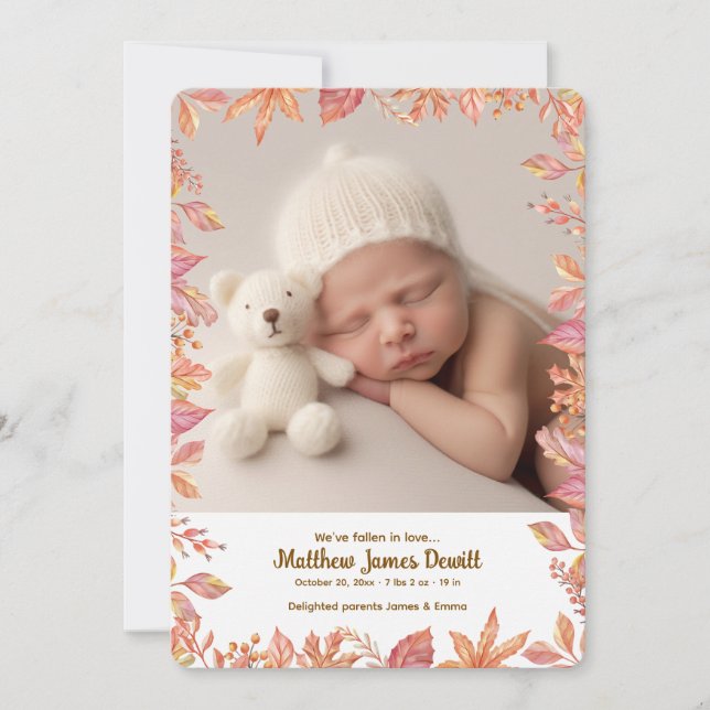 Convites Falling Leaves Frame Photo Birth Announcement  (Frente)