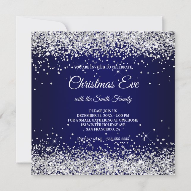 Convites Falso Brilho Prateado Glitter Natal Azul Marinho (Verso)