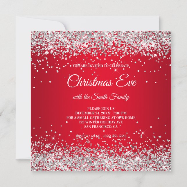 Convites Falso Brilho Prateado Glitter Natal Vermelho (Verso)