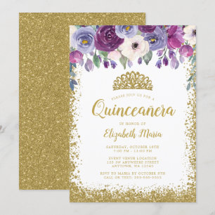 Convites Falso Dourado Roxo Tiara Quinceanera