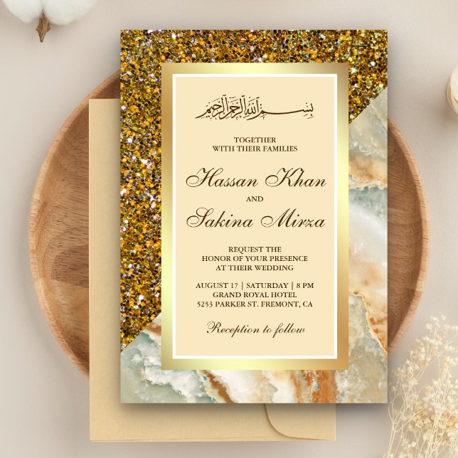 Convites Falso Glitter Dourado Mármore Marrom Casamento Muç (Criador carregado)