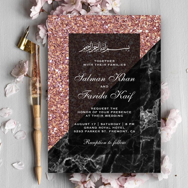 Convites Falso Glitter Dourado Rosa Mármore Preto Casamento (Criador carregado)
