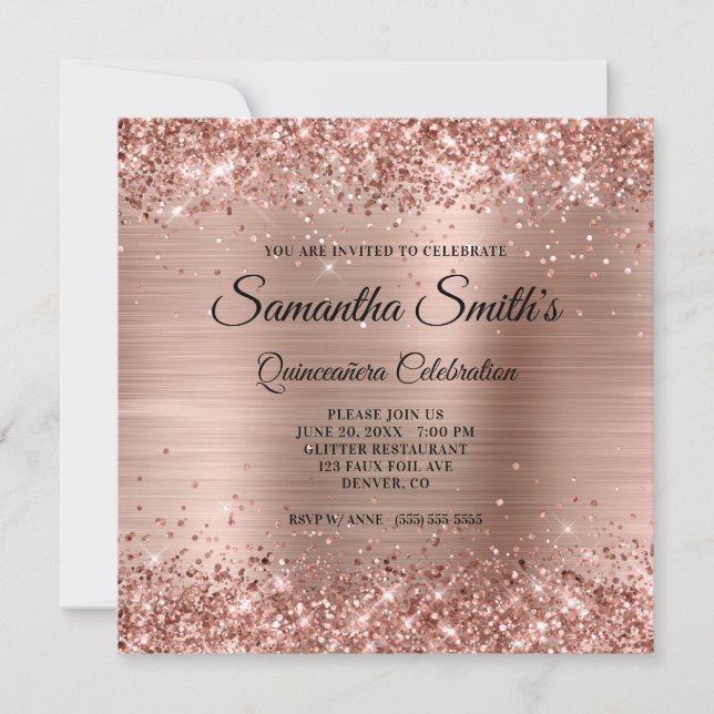 Convites Falso Glitter Rosa Dourado e Quinceañera de Folha (Frente)