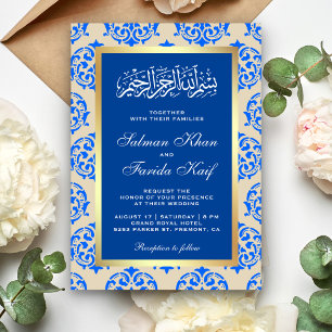 Convites Falso Papel Alumínio Azul Damask Casamento Islâmic