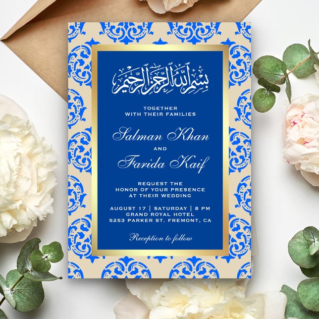 Convites Falso Papel Alumínio Azul Damask Casamento Islâmic (Criador carregado)
