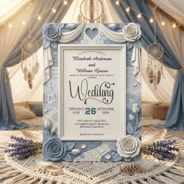 Convites Falso Relevo 3D Azul Floral Pó Casamento (Criador carregado)