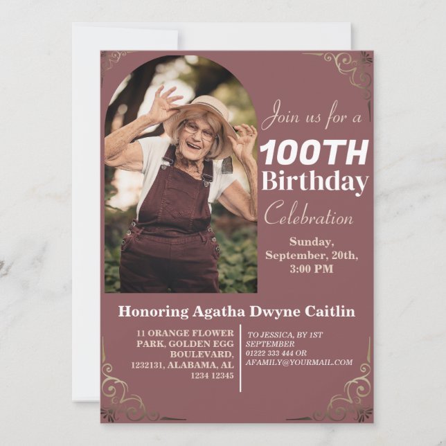 Convites Família 100ª Foto Elegante Simples Festa de aniver (Frente)