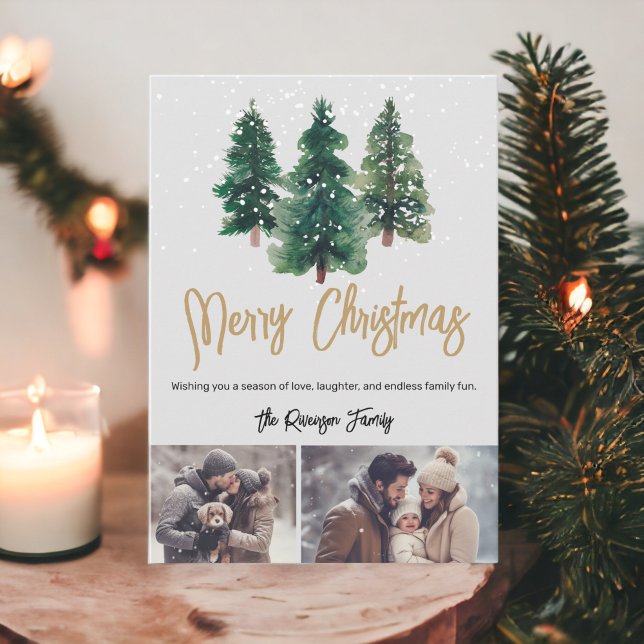 Convites Família de árvores de natal elegantes da neve 2 fo (Snow elegant christmas trees family 2 photos Invitation)