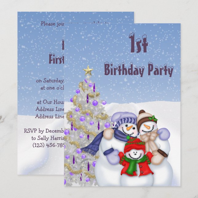 Convites Família de Boneco de Neve Fofo e Árvore de Natal p (Frente/Verso)