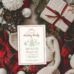 Convites Família de Natal com Doodle Vintage Vermelho e Ver