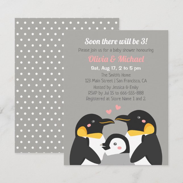 Convites Família de Pinguins de Três Chuveiro de Bebê Cinza (Frente/Verso)