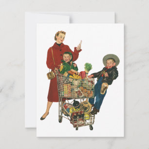 Convites Família Retro, Mãe e Crianças Carrinho de Compras 