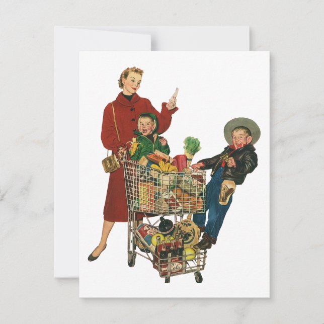 Convites Família Retro, Mãe e Crianças Carrinho de Compras  (Frente)